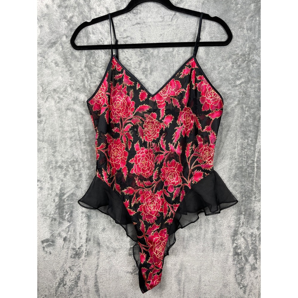 VTG Victoria's Secret Gold Label Nighty Teddy Medium Black Red Floral Lingerie